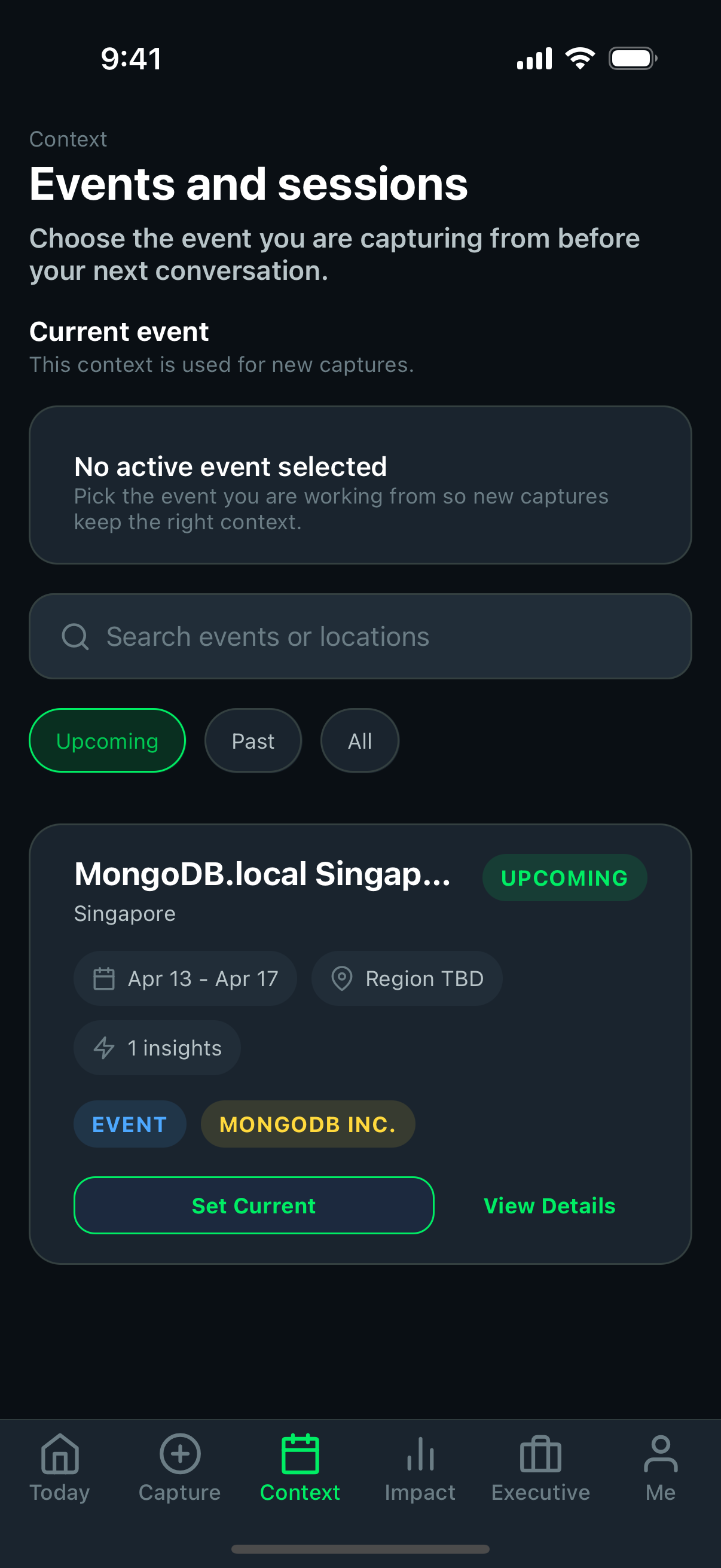 Mobile app context and events screen