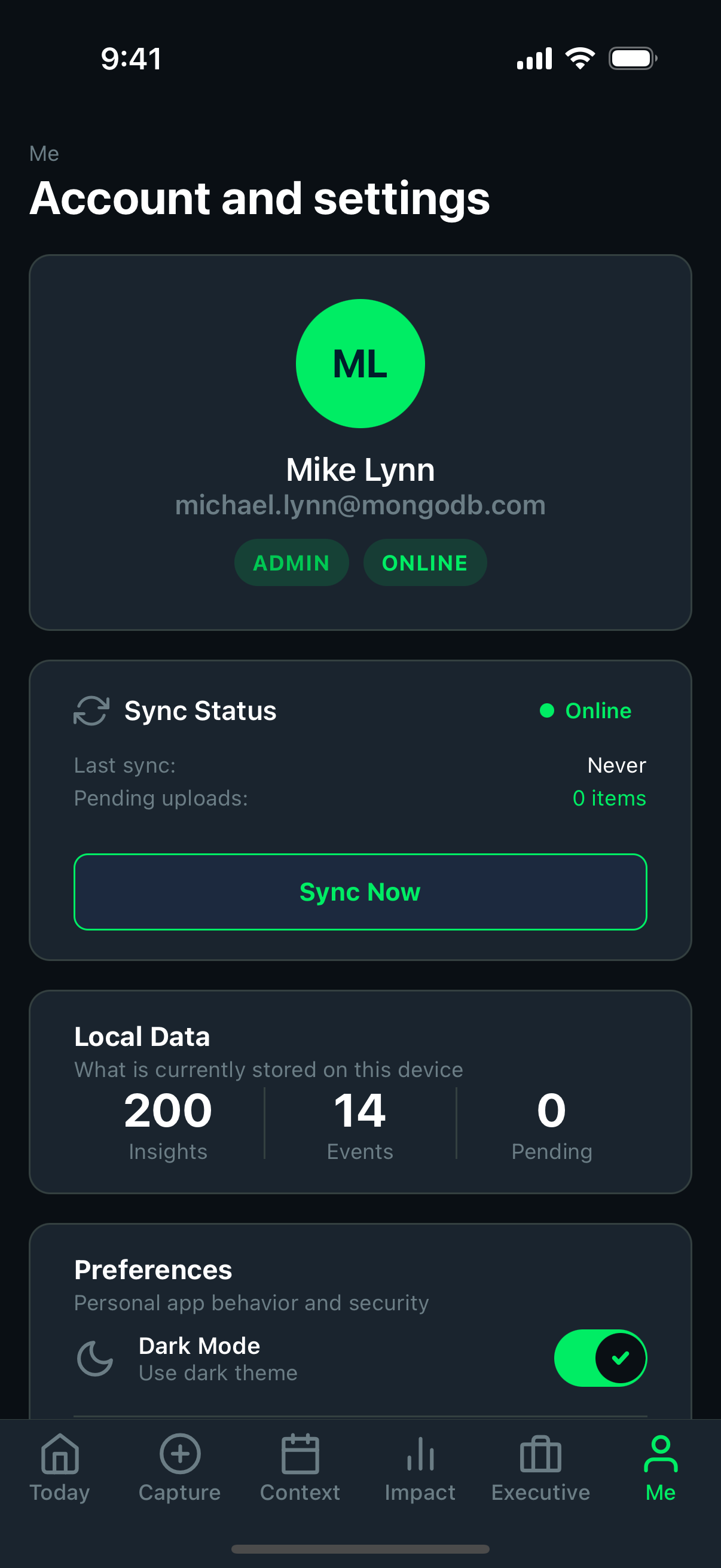 Mobile app profile screen