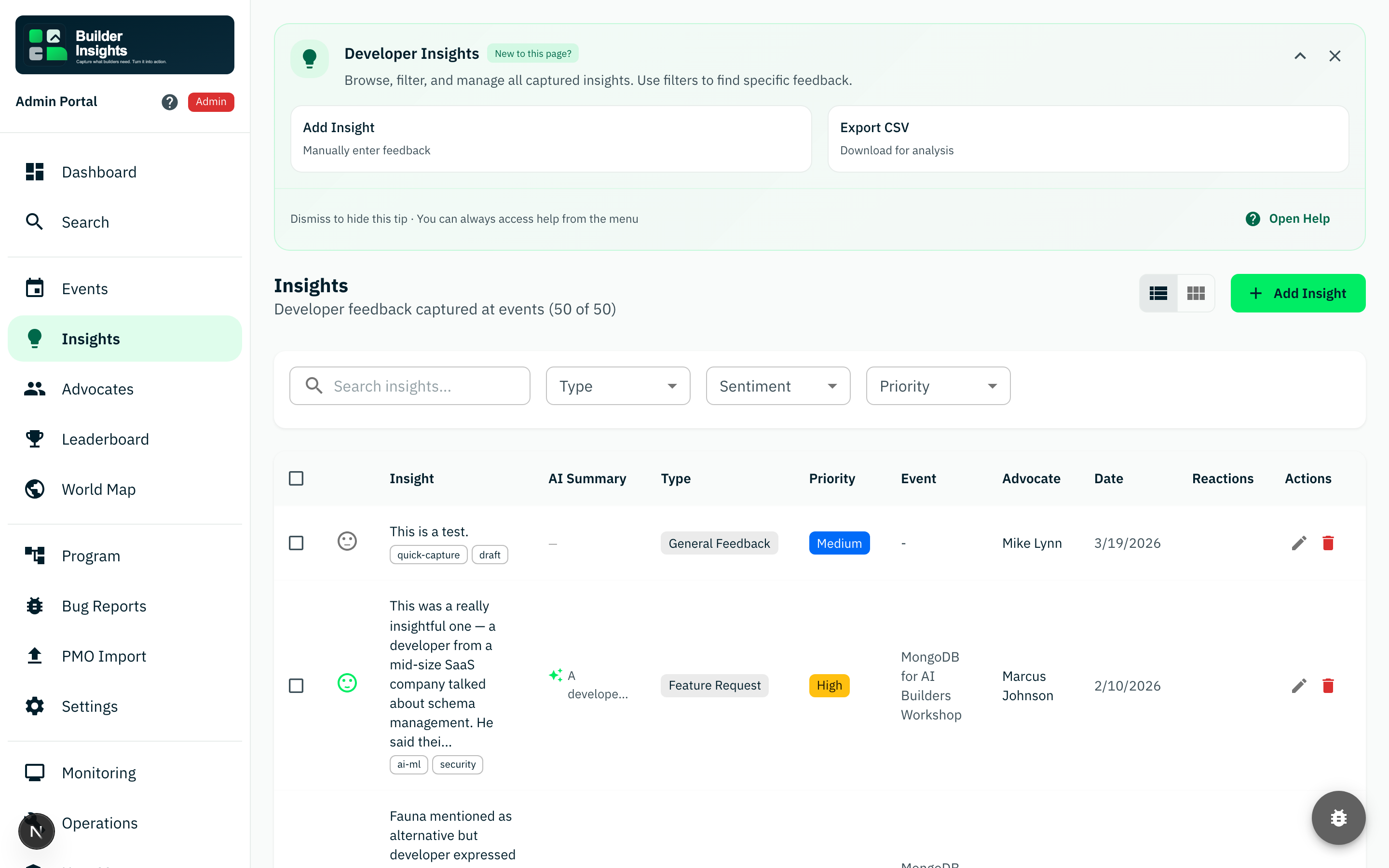 Annotated admin insights page